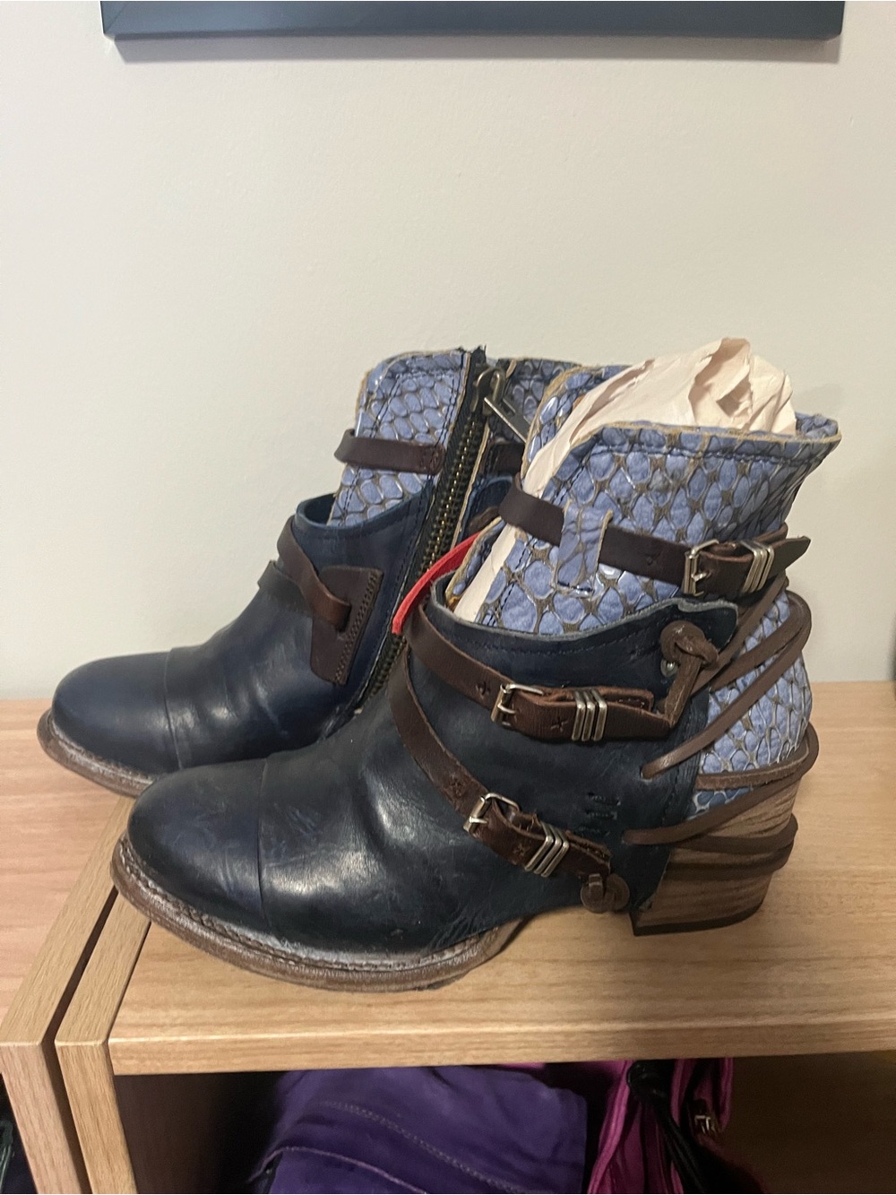 Freebird by Steven Crue Black Leather Ankle Boots with Blue Snake-Texture Cuff - Picture 2 of 5
